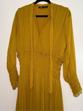 ZARA Pleated Long-Sleeve Maxi Dress